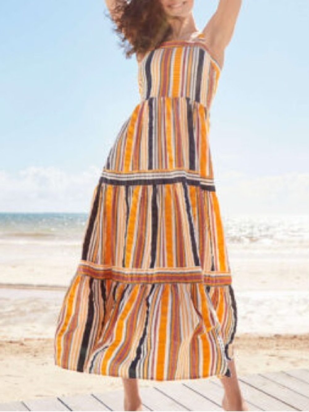 LOFT Square Neck Striped Tiered Maxi Dress Sz 8 Cotton Boho Beach Vacation Retro